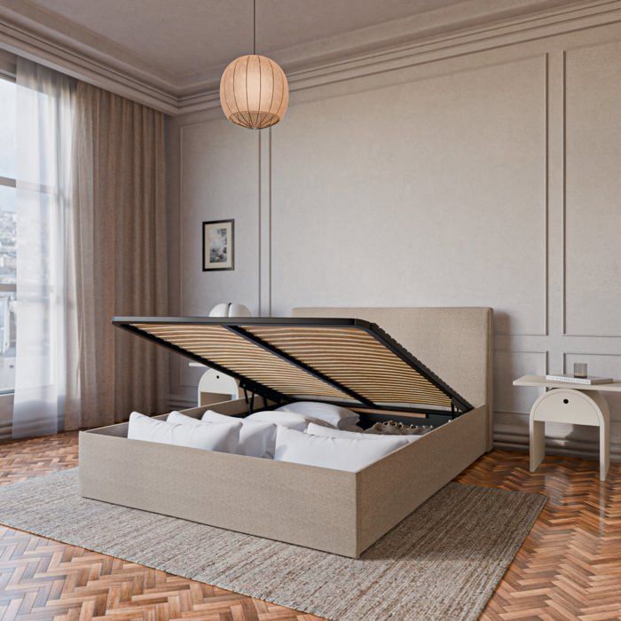 Lit coffre sans tête en tissu chiné anthracite 140x190 cm - Célia sans tête - Morphea