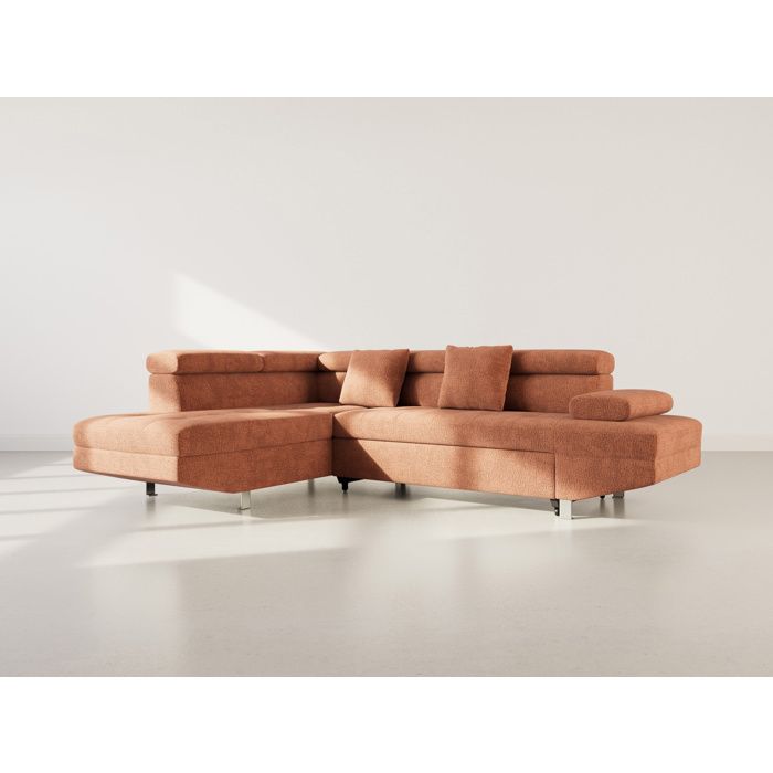 Margaux - Canapé dangle gauche 5 places convertible avec coffre et têtières réglables en velours texturé - Terracotta