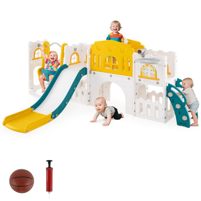 Toboggan 4 En 1 Pliable Enfant 18 Mois+ – Balançoire Réglable 3 Hauteurs, Escalade, Panier Basket – Aire De Jeux Intérieur Extérieur 30 Kg