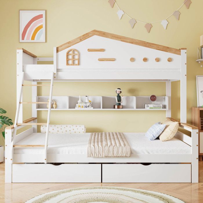 Lit enfant lit double 90x200cm et 140x200cm avec protection antichute tiroirs de rangement et étagères de rangement blanc