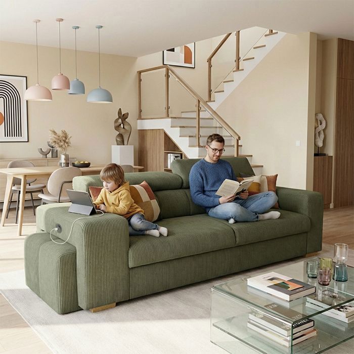 SIRIUS canapé droit reversible convertible Vert KAKI (velours côtelé ) - Taille S - 3 places - 251 x 100 x 96