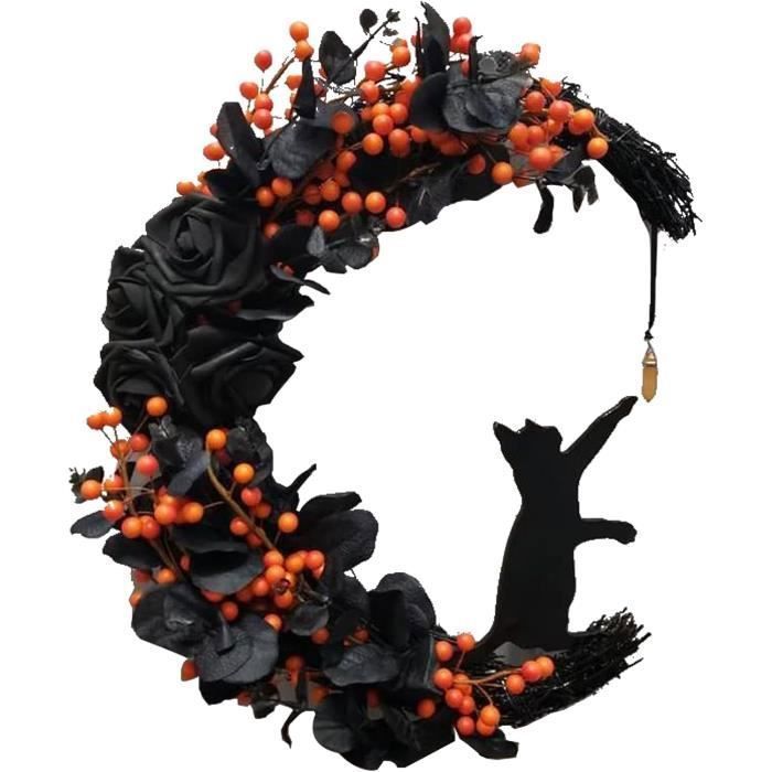 Couronne D'Halloween Forme Chat Lune Avec Roses Noires - Décoration De Porte Gothique - 35x38 Cm - Matériau PP - Pour Intérieur - 3