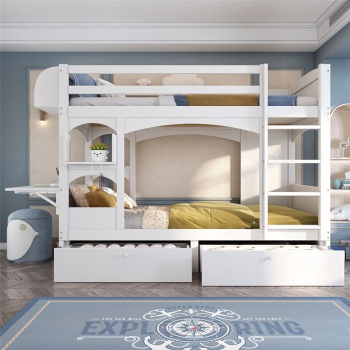 Lit Superposé Enfant 90x200 Blanc - Double Étage avec Bureau Étagère Échelle et 2 Tiroirs - Sans Matelas Lit Superposé Enfant 90x200 Blanc - Double Étage avec Bureau Étagère Échelle et 2 Tiroirs - Sans Matelas