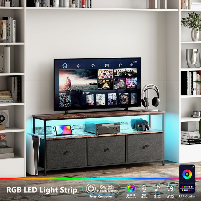 Meuble TV Noir Haut Brillant avec Eclairage LED 3 Tiroirs Compartiments Armoire TVRangement Pratique108x30x57cm