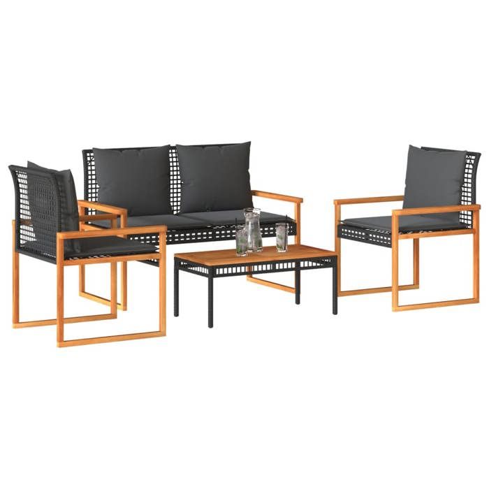 Cuque Salon de jardin 4 pcs avec cou A1806 - Lisa- Salon de jardin 4 pcs avec coussins Noir Résine tressée 18301