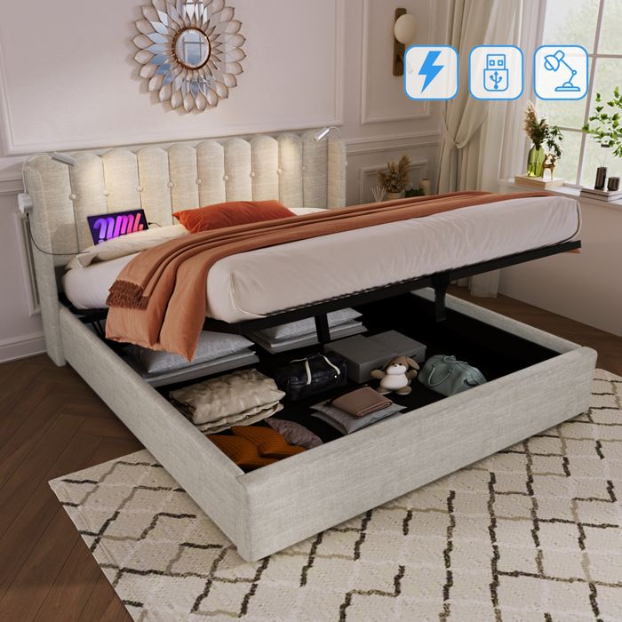 Lit Coffre Double avec Rangement 160 x 200 cm Lit Adulte avec Lampe de Lecture et USB Lit rembourré avec Lattes Lin Naturelle