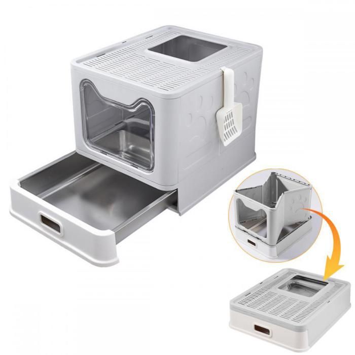 Meilleurs prix pour Bac à litière fermé en acier inoxydable-MENGDA-Pliable-Grande capacité-Type tiroir-Étanche et compact-Gris