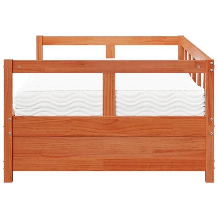 Lit de jour avec matelas - UU - 90x200 cm - Bois pin massif - Cire marron - Matelas en mousse - Sommier à lattes