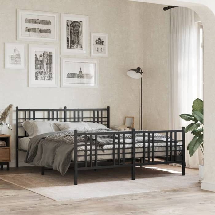 Structure de lit métal - UU - 150x200 cm - Noir - Acier - Espace de rangement - Tête de lit - Pied de lit