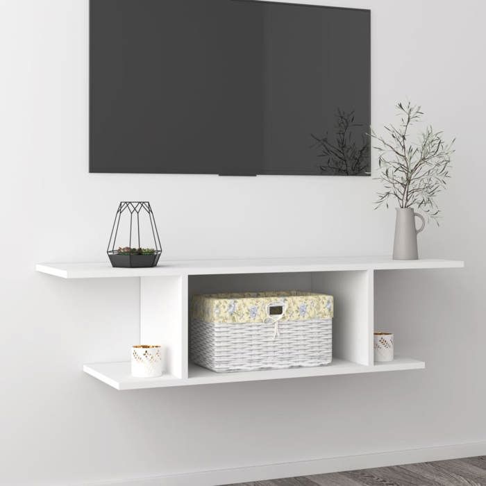 Meuble TV mural - Happiness - Blanc - 103x30x26 5 cm - Bois dingénierie - 40 kg capacité - Facile à nettoyer Meuble TV mural - Happiness - Blanc - 103x30x26 5 cm - Bois dingénierie - 40 kg capacité - Facile à nettoyer