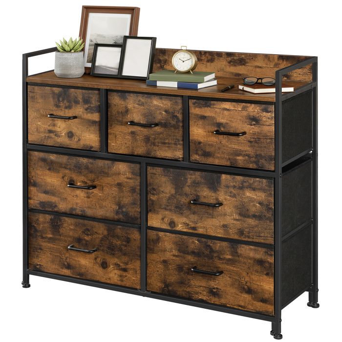 Armoire Meuble de Rangement en Tissu Commode 7 Tiroirs avec Poignées Cadre en Métal Marron Rustique et Noir dEncre