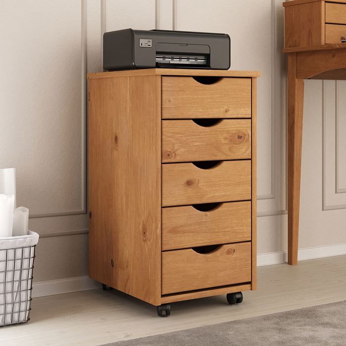 Caisson de bureau LAGOS meuble de rangement sur roulettes avec 5 tiroirs en pin massif couleur chêne