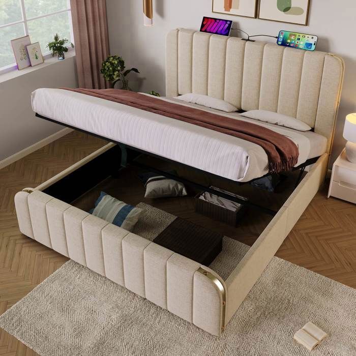 Lit coffre 160x200 capitonné beige lin avec tête à rayures dorées et ports USB/Type-C