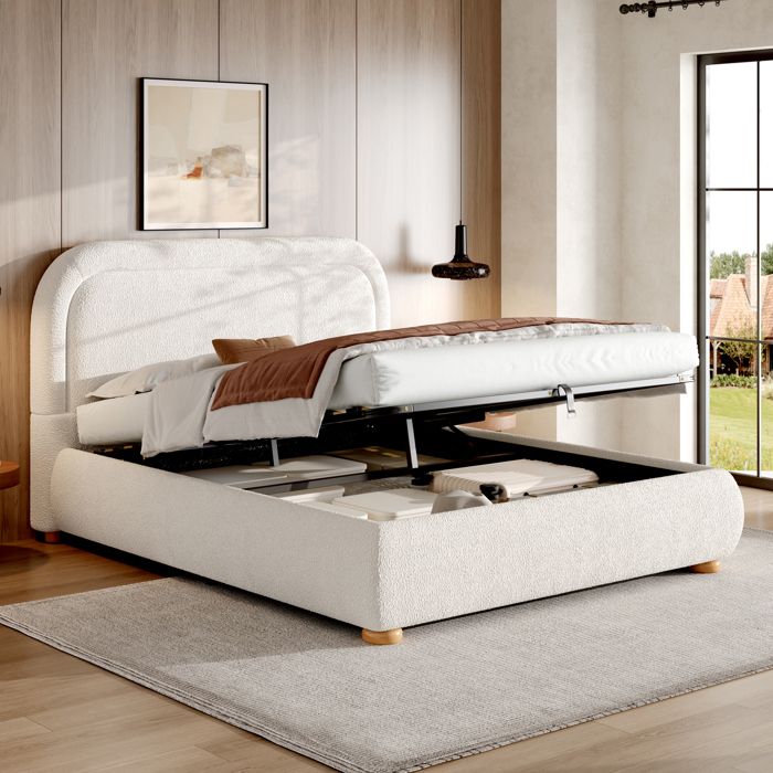 Lit adulte double 160x200 cm avec coffre hydraulique sommier à lattes tête de lit arrondie bouclette blanche