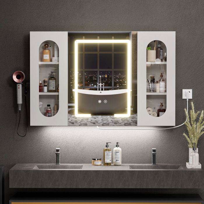 Armoire miroir LED 100cm - 3 portes antibuée - Éclairage réglable - Chargeur 2AC/2USB - Contrôle tactile/capteur