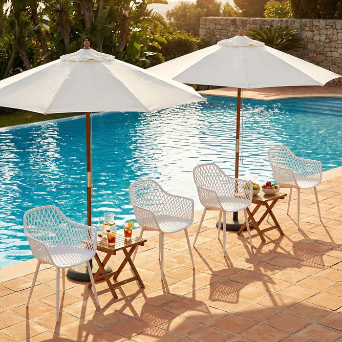 EGGREE Chaise de Jardin Exterieur Lot de 4 Chaise Plastique avec Accoudoir et Pied en Métal Dossier à Design Ajouré Blanc EGGREE Chaise de Jardin Exterieur Lot de 4 Chaise Plastique avec Accoudoir et Pied en Métal Dossier à Design Ajouré Blanc