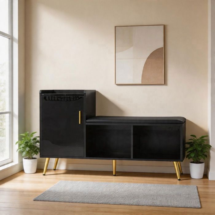 Banc-meuble dentrée - PAGE LIVING - 120x35x71 5 cm - Assise rembourrée - Rangement 5 paires - Fini laqué noir
