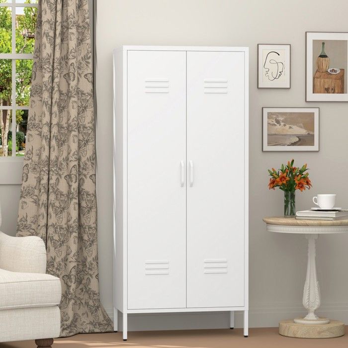 Armoire de rangement métallique blanche 2 portes étagères réglables rangement vêtements chambre salon bureau sport 70x35x160cm