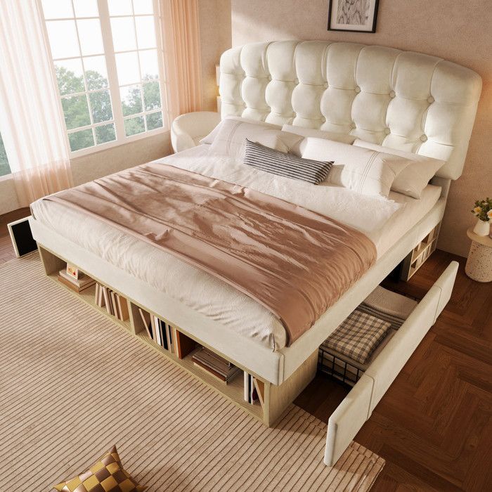Lit coffre lit double 140x190 cm velours beige sommier à lattes tête de lit incurvée réglable en hauteur tiroirs sans matelas