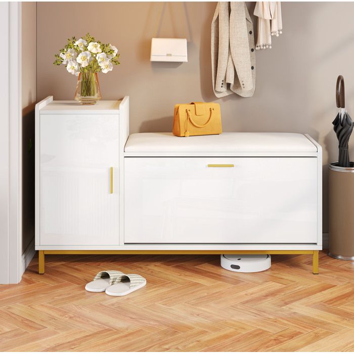 Meuble à Chaussures avec Assise Rembourrée 2 Étagères et 1 Placard - BEAUNIV - Entrée Blanc et Or 100×38×68 cm
