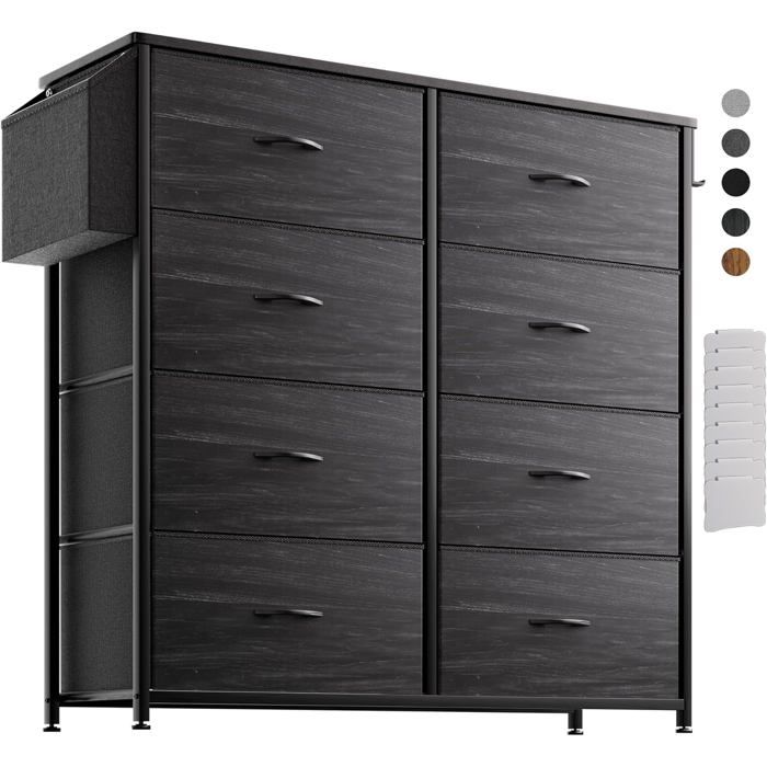 Commode En Tissu–Meuble De Rangement En Toile 8 Grands Tiroirs Étiquettes Poche Latérale Et Crochet Pour Salon Couloir Chamb[IN32]