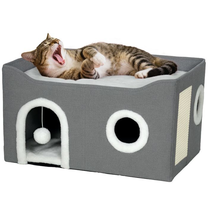 Niche chat interieur - PawHut - pliable griffoir lit surélevé 3 entrées jouet - polyester - 60 x 40 x 34 cm - gris