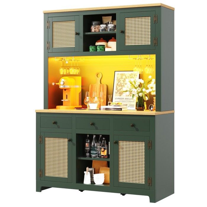 Armoire Haute Vert Antique 120x40x180cm rotin PE Avec LED Anti-basculement étagères Ajustables Rangement Cuisine salle À Manger