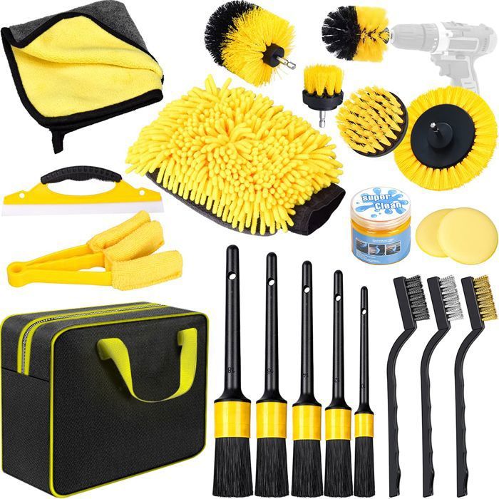 Kit 20 Pièces de Nettoyage Auto Intérieur/Extérieur avec Brosses Éponges Gel et Sac de Transport