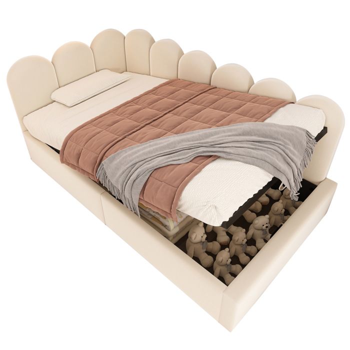 Lit enfant 90x200 cm en velours beige avec sommier métallique et large espace de rangement hydraulique