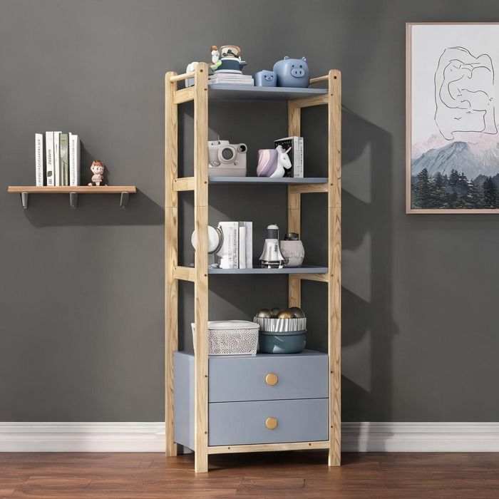 Étagère de rangement riche bleu et bois naturel 4 niveaux avec 2 tiroirs pin massif et panneaux MDF 70×44×180 cm