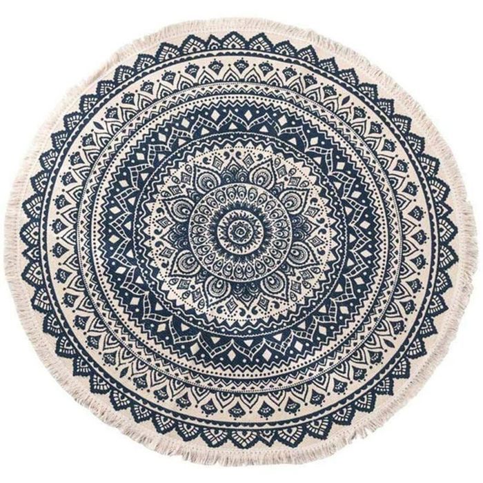 Tapis rond en coton 90 cm lavable en machine tissé main avec glands motif bohème pour chambre salon canapé table basse