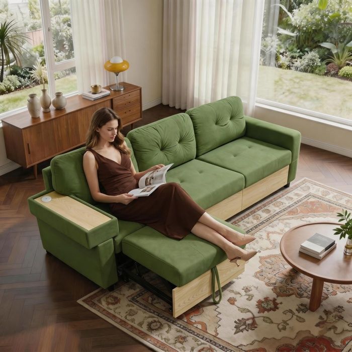 Canapé dangle 3 places velours avec méridienne coulissante port USB espace de rangement accoudoirs en bois vert 228x80x78 cm
