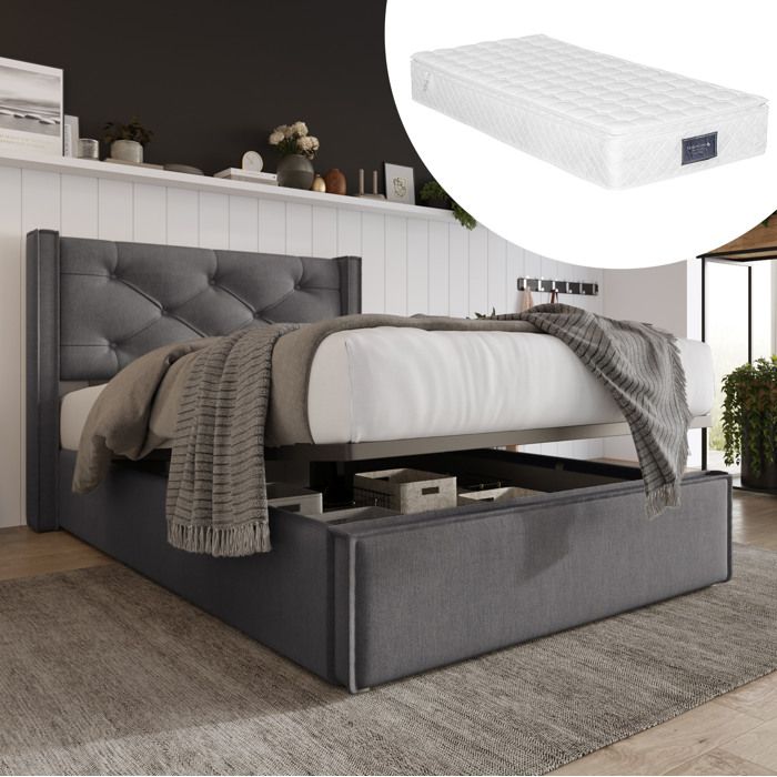 Lit coffre 1 place 90x200 cm avec matelas sommier à lattes ouverture hydraulique coton gris