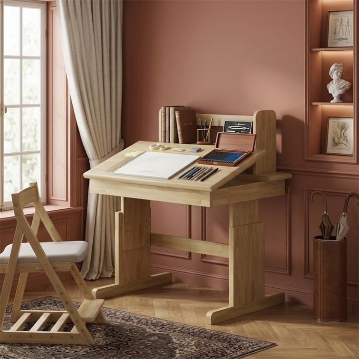 Bureau Enfant - 80x94cm - Bois Massif Ajustable en Hauteur Multifonction avec Plateau Inclinable et Serre-Livres - Naturel !