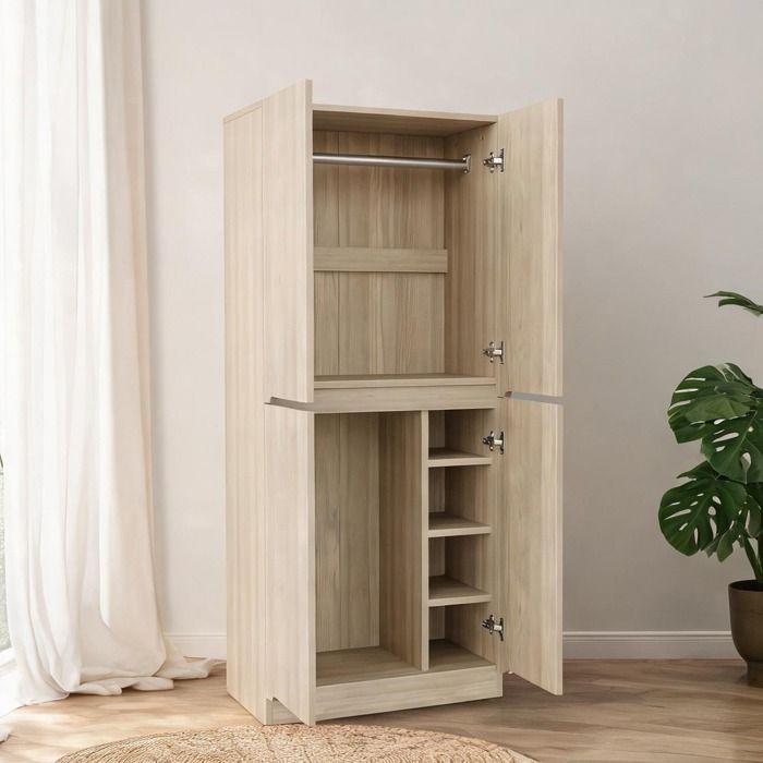 Armoire penderie en bois teinte claire naturelle double porte rangement spacieux style épuré