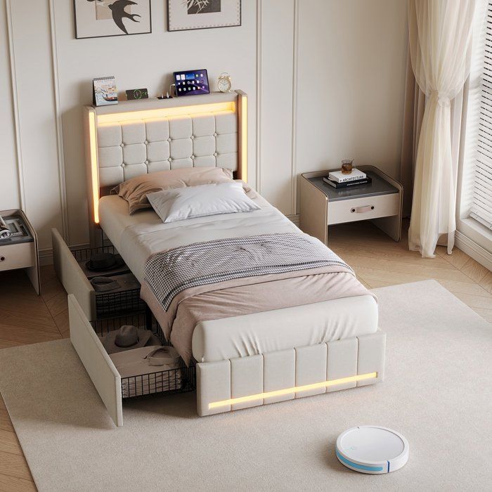 Lit Simple rembourré 90×200 cm Tissu Lin Beige Bande LED RGB Tête/Pied de Lit Ports USB/Type-C Intégrés 2 Tiroirs de Rangement
