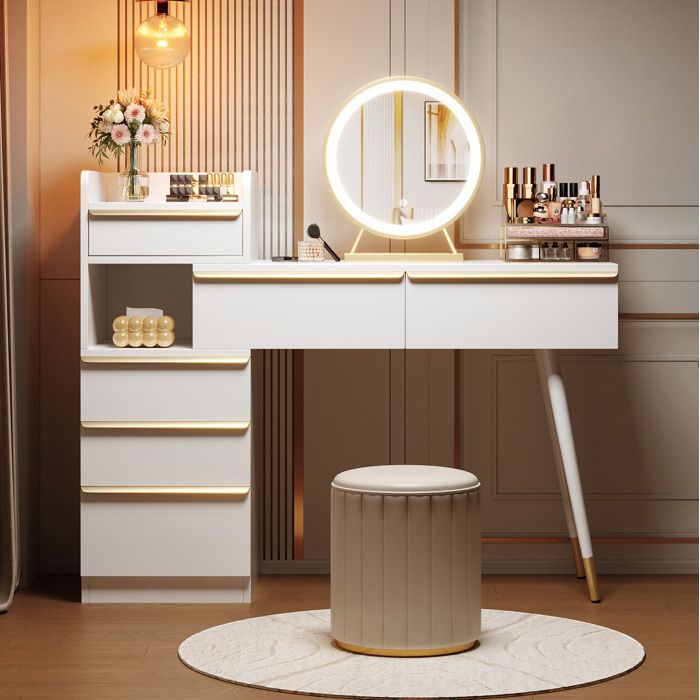 Coiffeuse blanche 102 x 100 x 415 cm avec miroir LED dimmable plateau coulissant 6 tiroirs sans tabouret