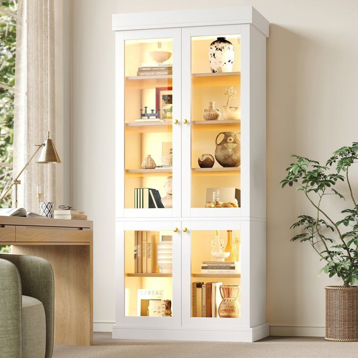 Vitrine Lumineuse Blanche - Bibliothèque - en Verre - avec Éclairage LED Vertical Double et 4 Portes Vitrées - Style Moderne