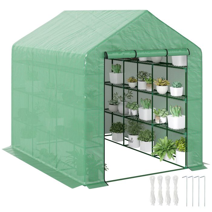 Serre de jardin serre dhivernage avec étagères 3 niveaux porte enroulable tube en acier 244 x 180 x 210 cm vert