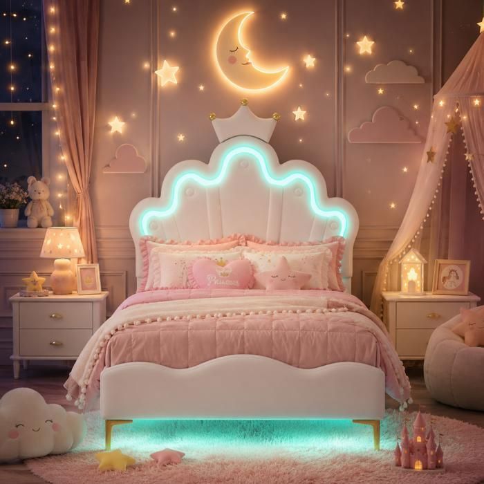 Lit Fille 90x200 CM avec Sommier - Éclairage LED RGB - Lit Enfant Princesse avec Tête de Lit Couronne Réglable - Similicuir - Blanc