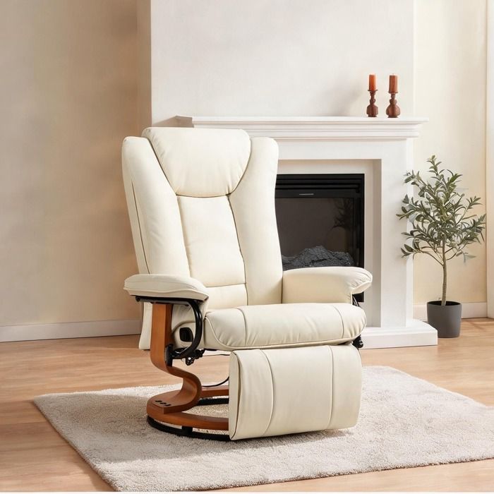 Fauteuil relax pivotant en similicuir soft white – dossier inclinable 135° avec repose-pieds structure acier capacité 150 kg