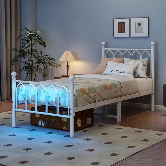 URTR Lit simple 90x200cm métallique - Avec Rangement sous lit - éclairage LED/prise - Tête et pied de lit vintage - Blanc