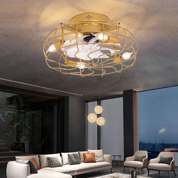 Plafonnier Ventilateur Industriel 50 cm avec Télécommande de Plafond Sans Pales Éclairage LED Cage Métallique