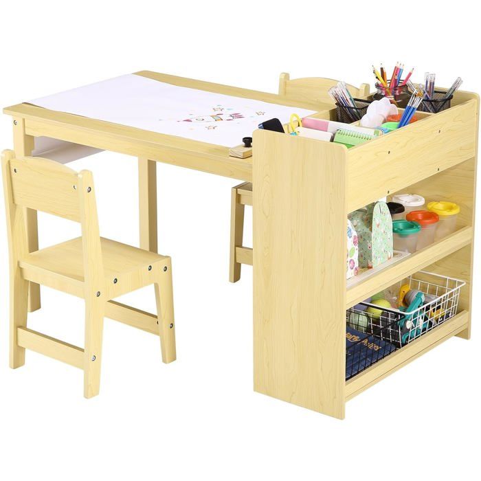 Table denfant avec 2 chaises set dapprentissage polyvalent table de dessin avec étagère et bibliothèque pour 3-5 ans Jaune