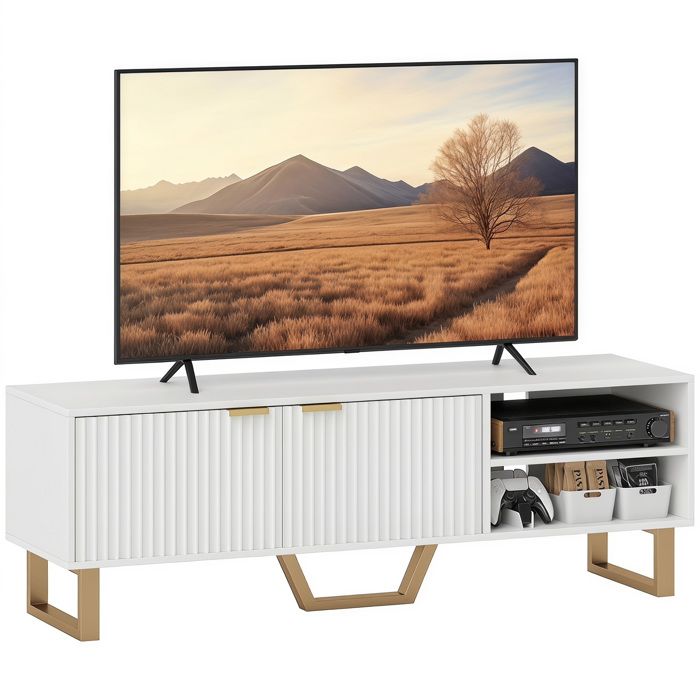 Meuble TV - HOMCOM- pour téléviseur jusquà 70 pouces - placard à 2 portes cannelées compartiment ouvert et passe-câbles - blanc Meuble TV - HOMCOM- pour téléviseur jusquà 70 pouces - placard à 2 portes cannelées compartiment ouvert et passe-câbles - blanc