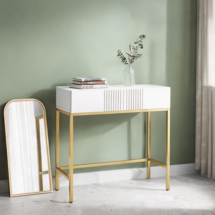 Console dentrée rectangulaire blanche 2 tiroirs 80x315x75 cm pieds en acier doré
