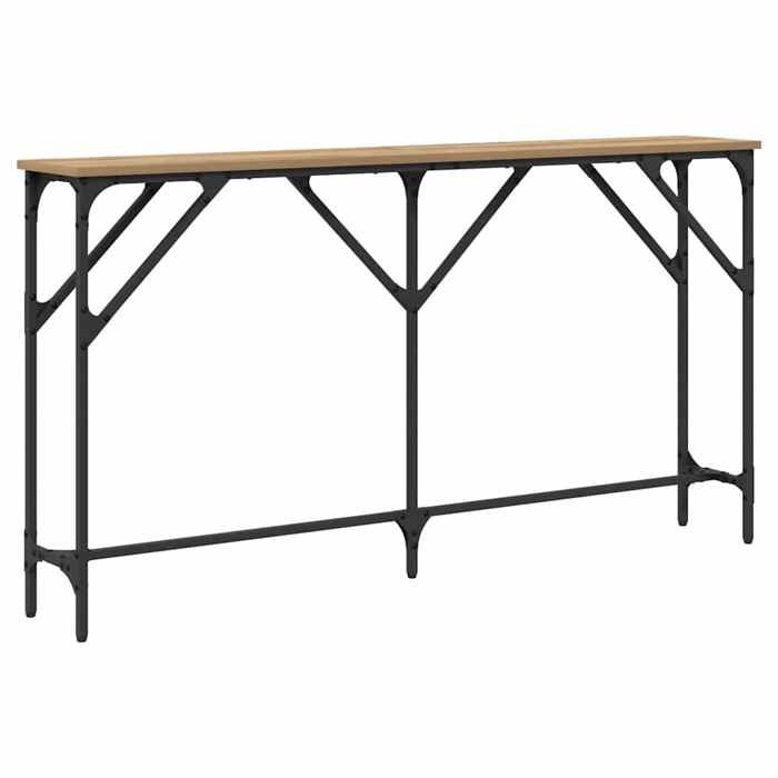 Table console artisanal - Bois dingénierie - Réglable - Rangement - Chêne - 140x23x75 cm