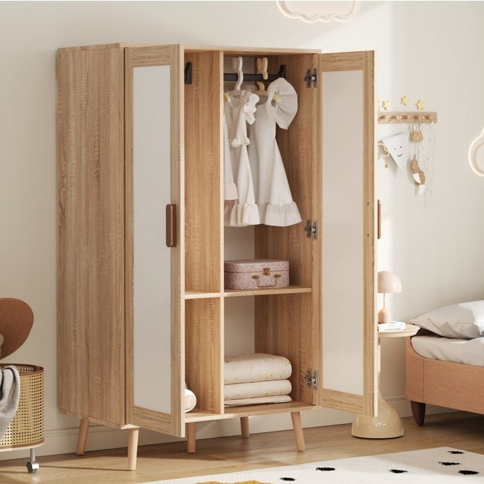 WOVREO Armoire enfant 2 portes 80 x 46 x 141 5 cm avec tringle MDF blanc et aspect bois naturel