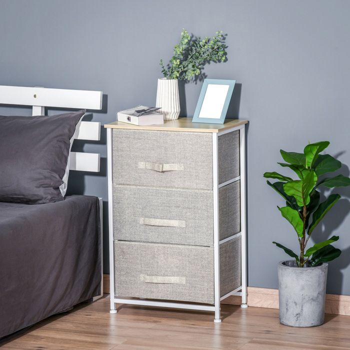 Meuble de rangement chiffonnier moderne 3 tiroirs en tissu cadre en acier et MDF 45 x 30 x 71 cm gris
