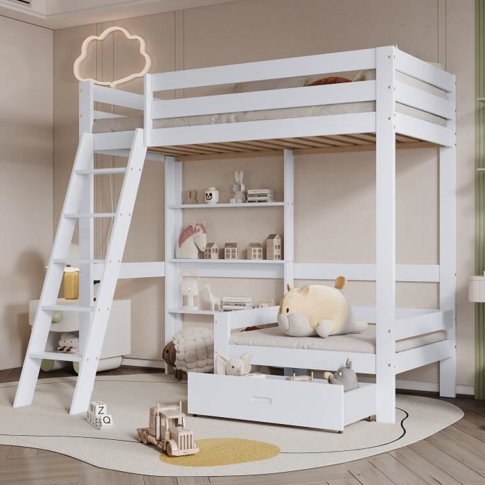 lit mezzanine enfant 90x200 cm avec tiroirs, canapé et escalier à 5 niveaux - bois massif - aapaas - blanc